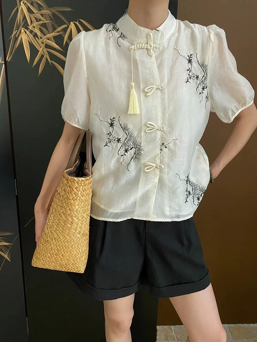 New Chinese Style Zen Inspired Chinese Style Buckle With Heavy Industry Embroidery Jacquard Bubble Sleeve Shirt Short Style