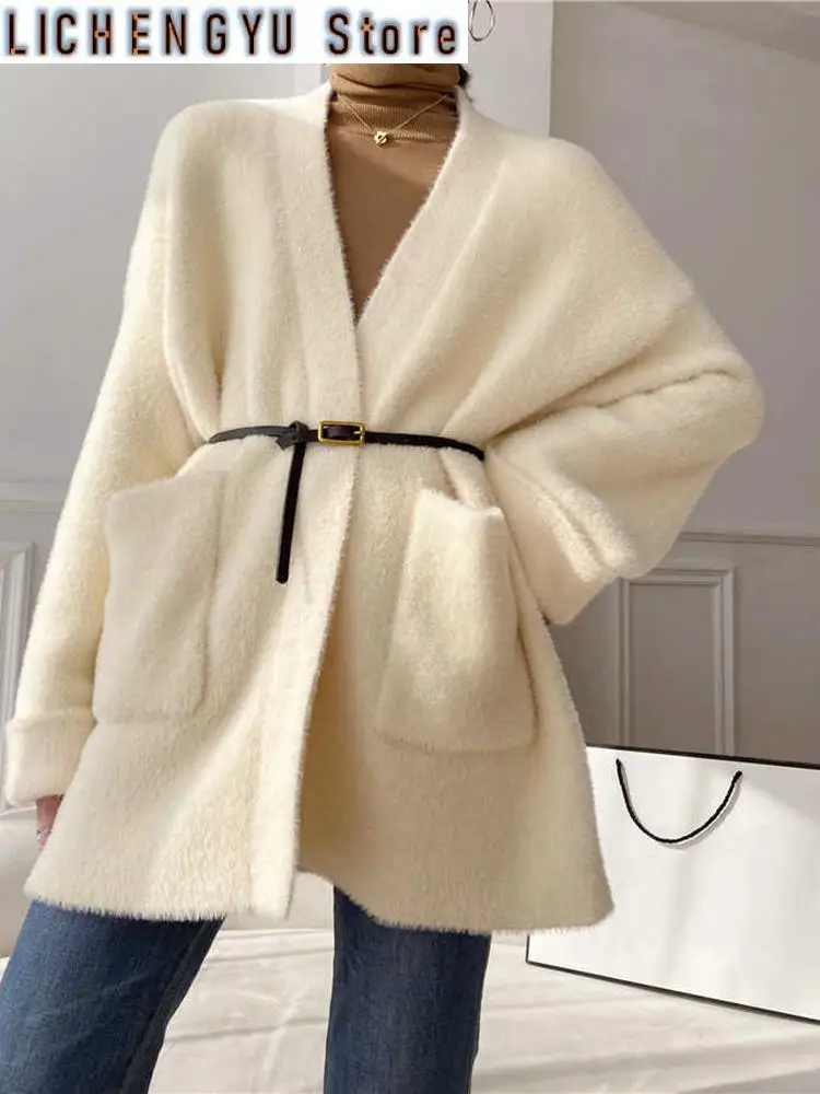 

Big Size Camel Cashmere Knitting Cardigan Sweater Loose Fit V-Neck Long Sleeve Women New Fashion Autumn Winter