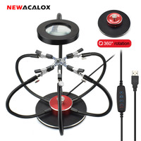 NEWACALOX Soldering Helping Hands 3X USB LED Magnifier Soldering Station Third Hand Tool 360° Rotary Base PCB Repair Workbench