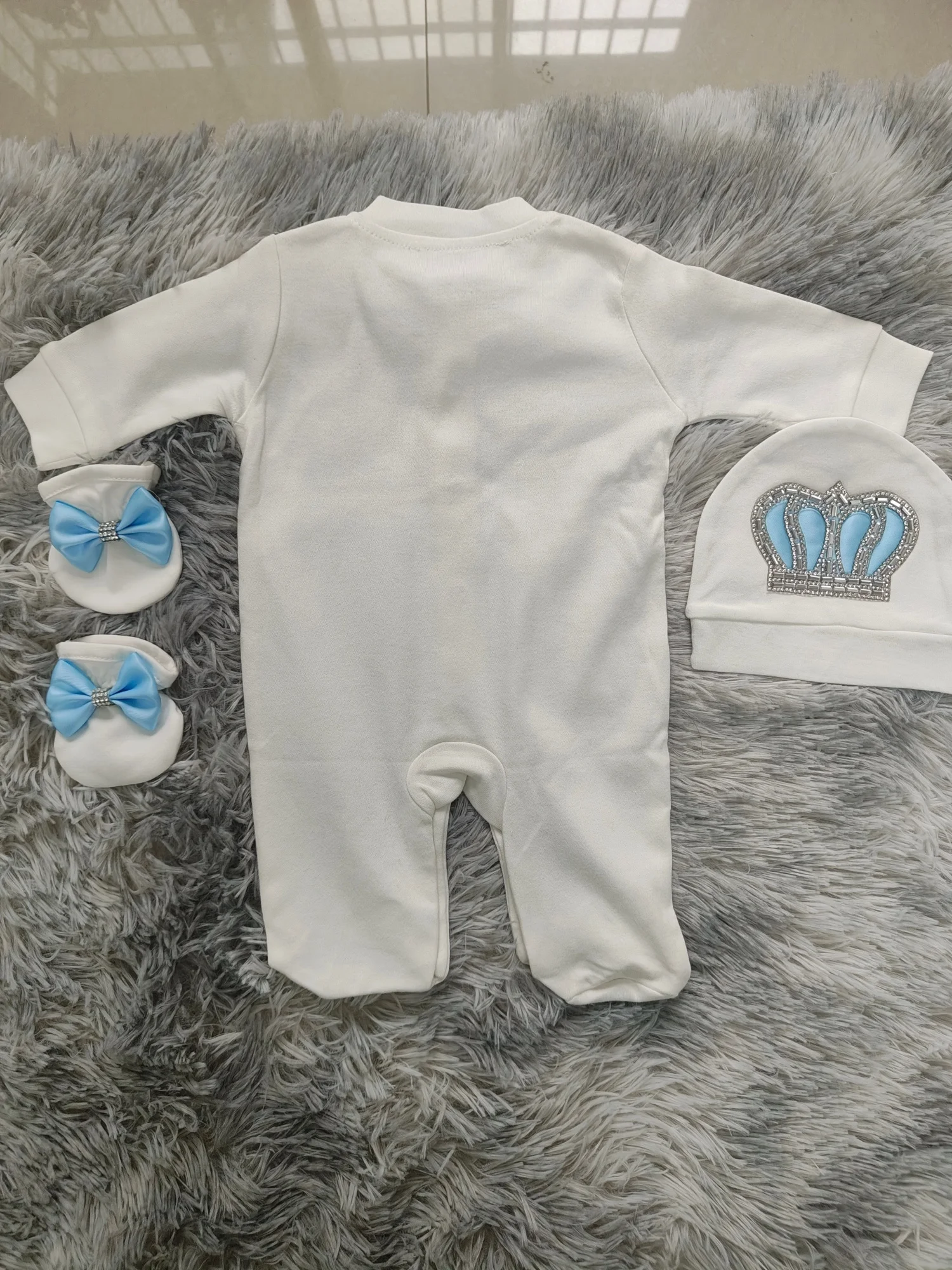 Newborn Baby Footed Romper Set 0-9 Months 3Pcs All White Royal Blue Satin Bow Rhinestone Crown Baptism Prince Outfit
