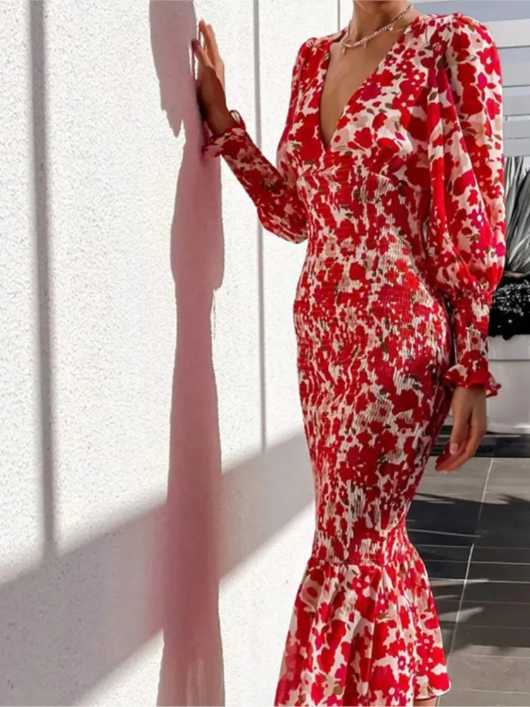 

2024 Spring Autumn New Fashionable Printed Sexy V-neck Slimming Fishtail Seven Quarter Sleeve Princess Sleeve Dress
