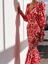 2024 Spring Autumn New Fashionable Printed Sexy V-neck Slimming Fishtail Seven Quarter Sleeve Princess Sleeve Dress