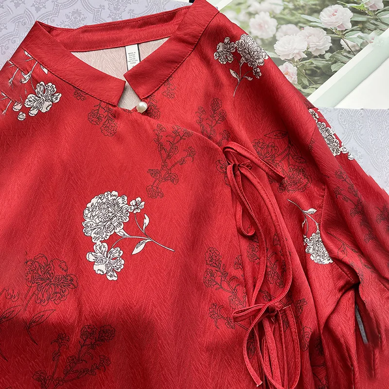 Red Chinese Style Pajamas Set Long Sleeve Homewear Satin Jacquard Nightwear Loose Top&pants 2Pcs Pijamas Women Sleepwear