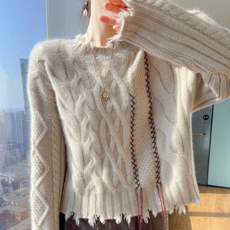 White Gothic 100％ wool Sweaters Women Ripped Holes Loose Knitted Pullover Frayed Fairy Grunge Jumpers Emo Streetwear Lolita