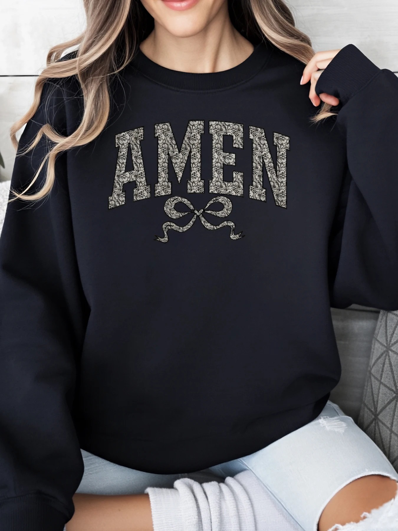 

Amen Print Christmas Sweatshirt Women Casual Wear Holiday Outfit Black Plus-Size
