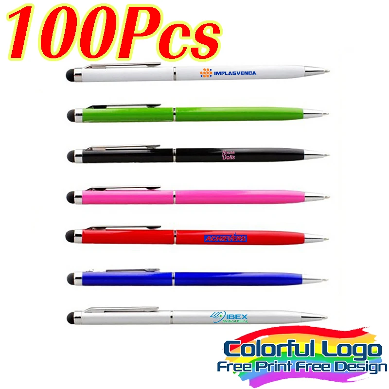 

100 шт., рекламная ручка с красочной печатью логотипа, металлический стилус 2-в-1, универсальная шариковая ручка, подарок на заказ, ручка для подписи для бизнеса