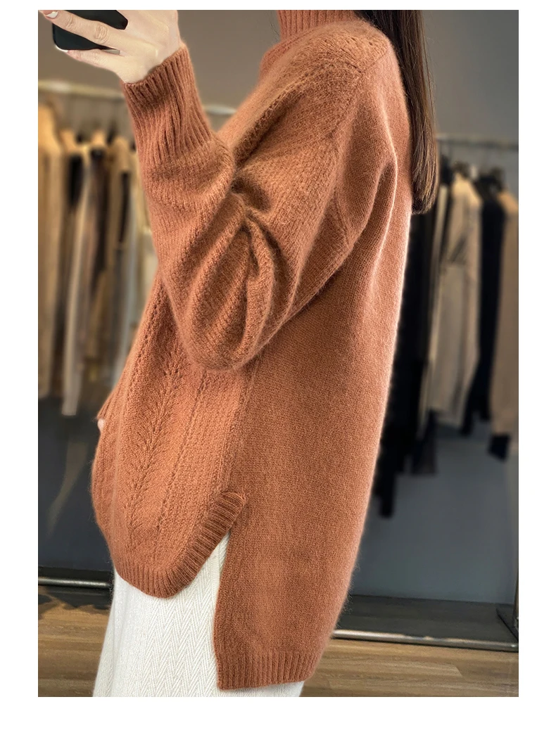 DjzDsm Autumn/Winter New 100% Mink Cashmere Women\'s Turtleneck Fashion Hollowed-Out Pullover Knit Base Long Sleeve Sweater