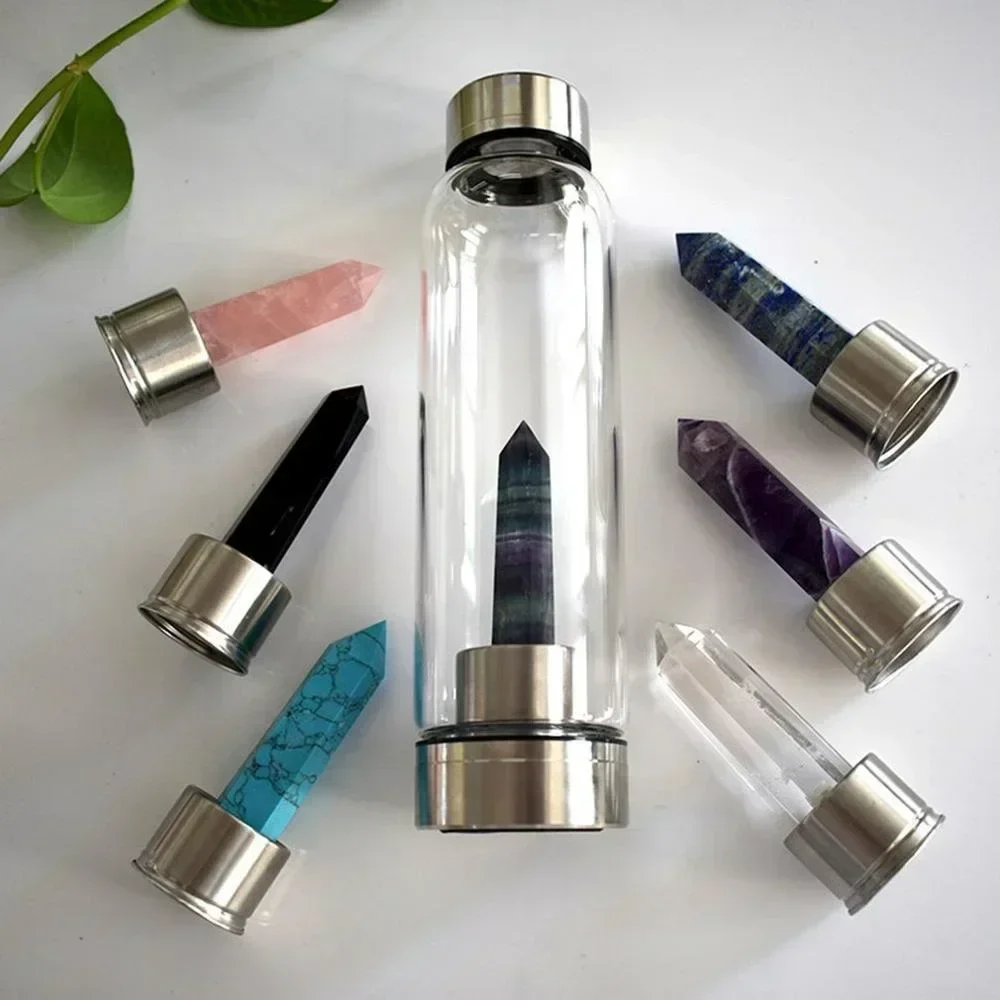 Water Bottle Natural Crystal Stone Diamond Point Healing Obelisk Wand Healing Elixir Quartz Crystal Gem Colors Rope Gemstone Cup