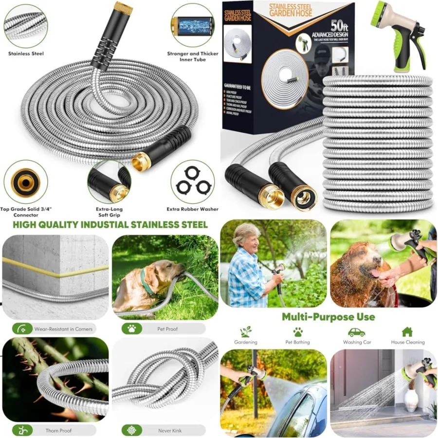

Garden Hose 50 ft, Stainless Steel Water Hose with 10 Function Nozzle Flexible, Heavy Duty, Lightweight, No-Kink, Pet Proof, Pu