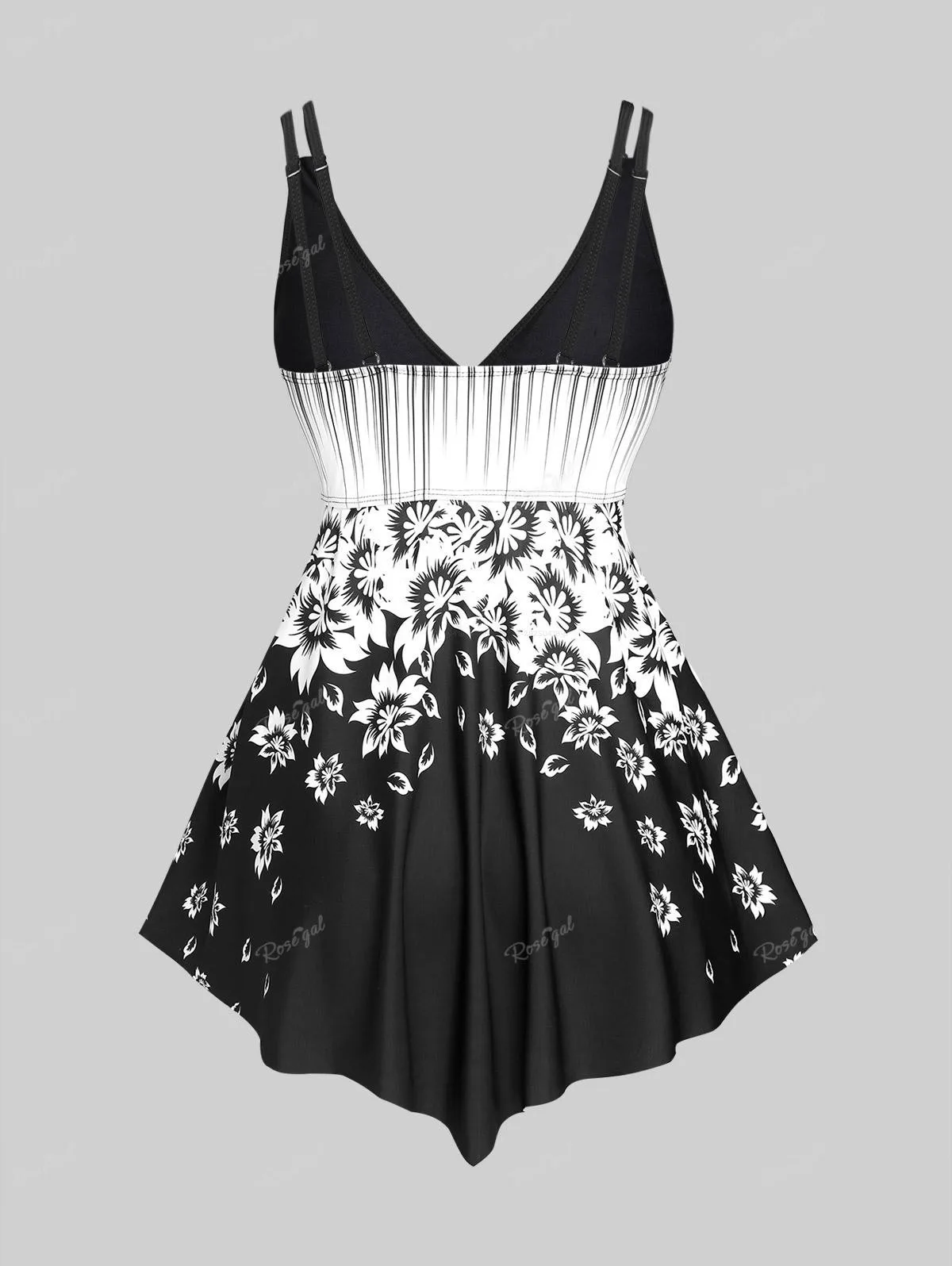 Rosegal plus size damski strój kąpielowy w paski z kwiatowym nadrukiem, bez pleców, wyściełany, skromny strój kąpielowy tankini