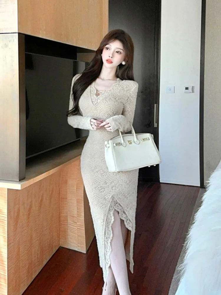 

Pure Desire Lady Sle Long Sve Lace Hook Flower Dr Women's Autumn Winter Slim Fit Waist Cinching Bodycon Skirt Split L...