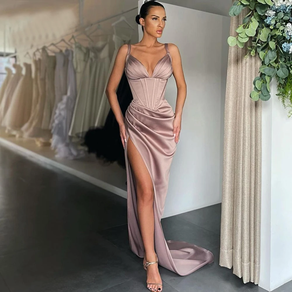 Elegant Simple ซาตินเมอร์เมดชุดราตรีเซ็กซี่ V คอ Spaghetti Straps Slit ผู้หญิงชุดพรรคอย่างเป็นทางการ Vestidos De Fiesta