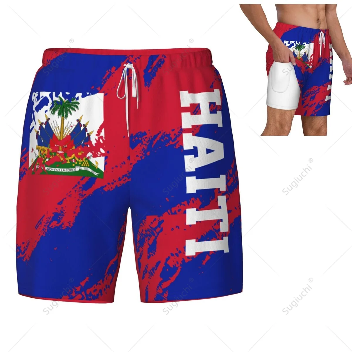 

Haiti Flag 3D Mens Swimming Beach Surfing Pants Swim Shorts Trunks Compression Liner 2 in 1 Quick-Dry