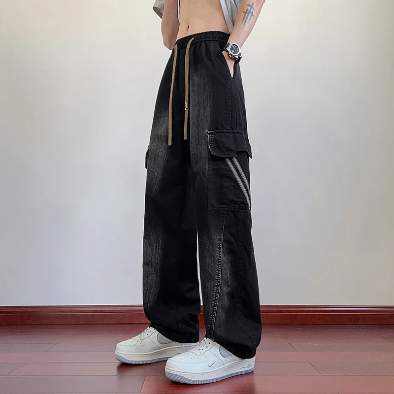 Estate gamba larga lavaggio Jean tasche con patta pantaloni cargo leggeri pantaloni da strada da uomo pantaloni estivi sottili casual larghi taglia grande 8xl