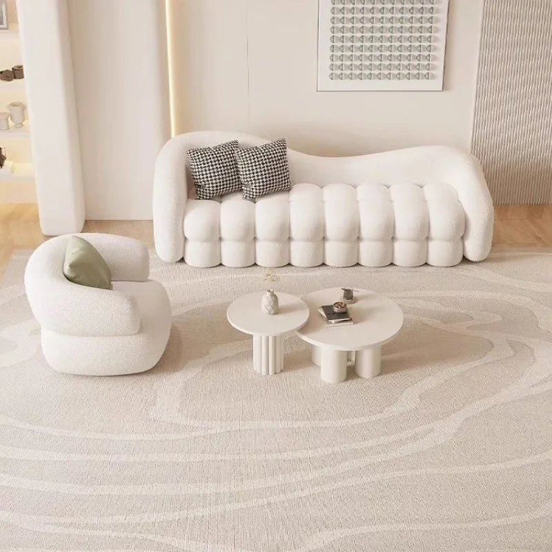 ！@ Curved Nordic Sofa Set Modern Boucle Fabric Cloud Sofa with Armchair & Ottoman Wavy Living Room Furniture for Hotel Use - view 4
