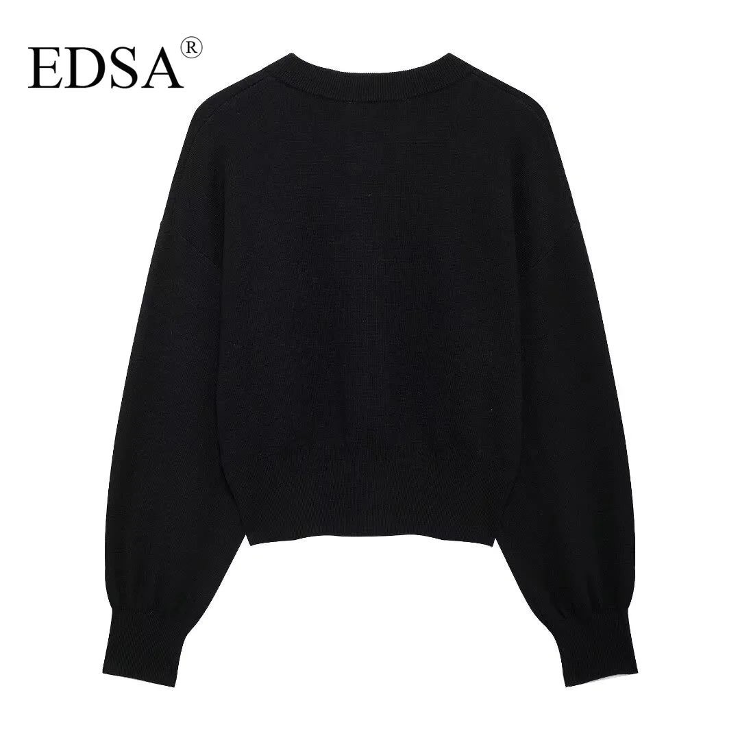 EDSA Women Black Cropped Knit Cardigan with Large Buttons Round Neck Long Sleeves Ribbed Cuffs Autumn Knitted Sweater Coat