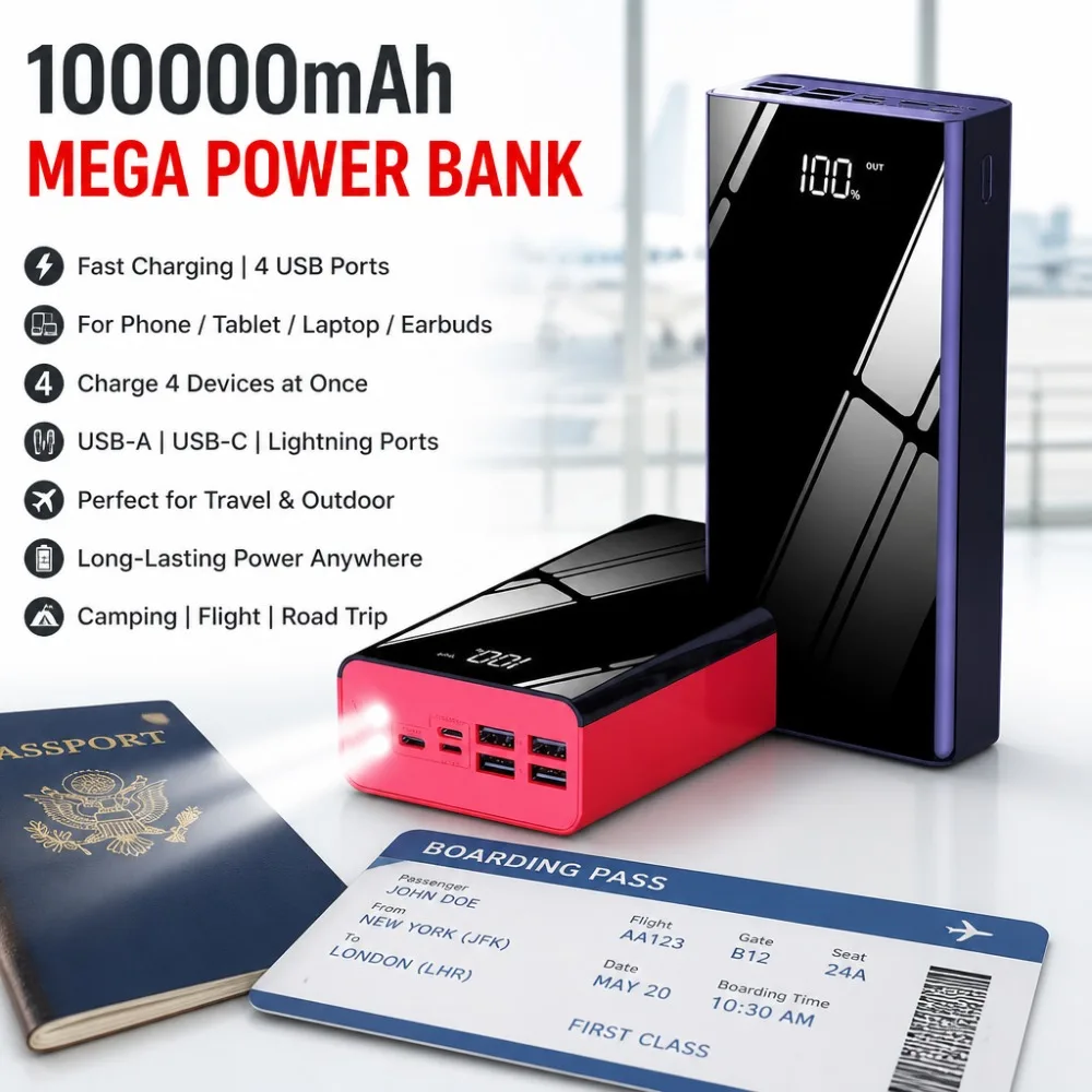 

100000mAh 80000mAh 50000mAh Power Bank, Super High Capacity Fast Charging External Battery Pack for iPhone Samsung Android