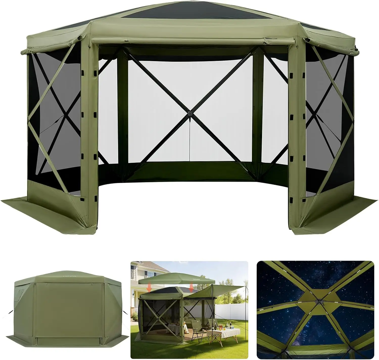 Pop up Gazebo Screen Tent, 12 x 12 ft Large 6-Sided Camping Canopy Tent with Removable Top & Carry Bag, Quick-Set & Bite-Proof,