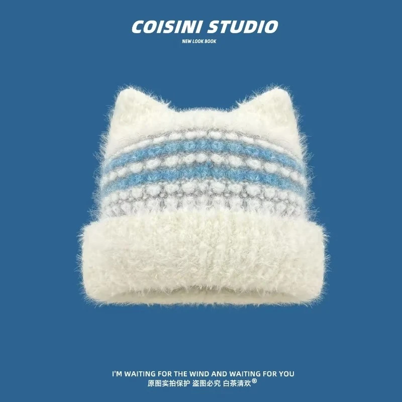 Women Cute Cat Ear Fuzzy Knit Beanies Blue White Striped Fold Cuff Winter Warm Soft Fluffy Kawaii Knitted Skullcap Streetwear