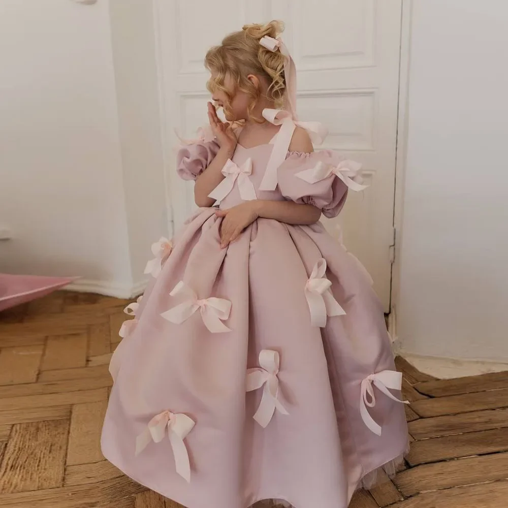

JDY Custom A-Line Flower Girl Dress, Kids' Off-Shoulder Bow Ball Gown for Wedding Party & First Christmas