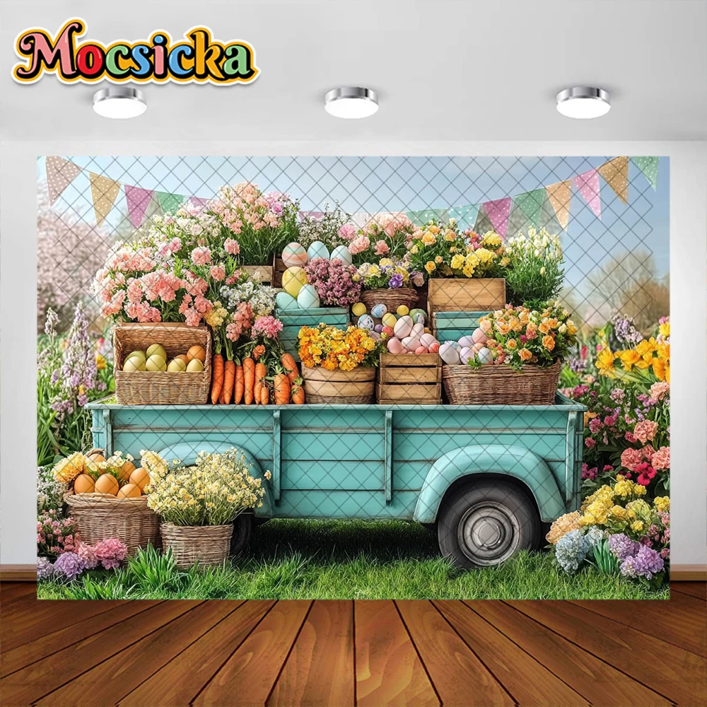 Mocsicka التصوير خلفية الربيع بيضة عيد الفصح شاحنة سيارة ورود للزينة خلفية استحمام الطفل عطلة صورة كشك التصوير