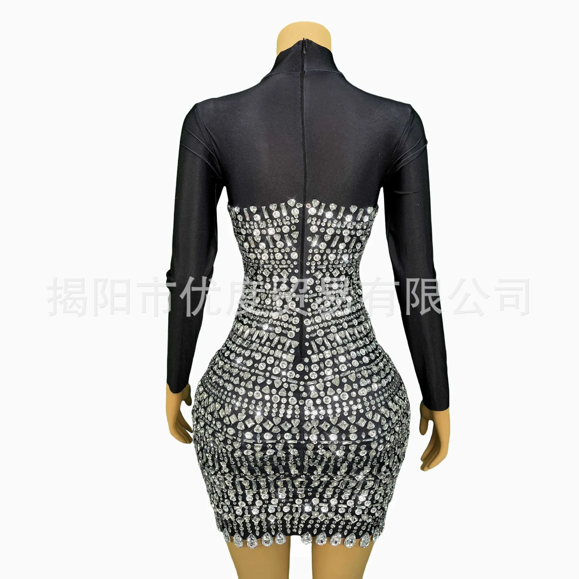 تصميم تحسس الرقبة العالية كم طويل DJ استقبال مشرق منظور شبكة الراين عيد ميلاد ليلة فساتين الكنيسة باردة للمرأة