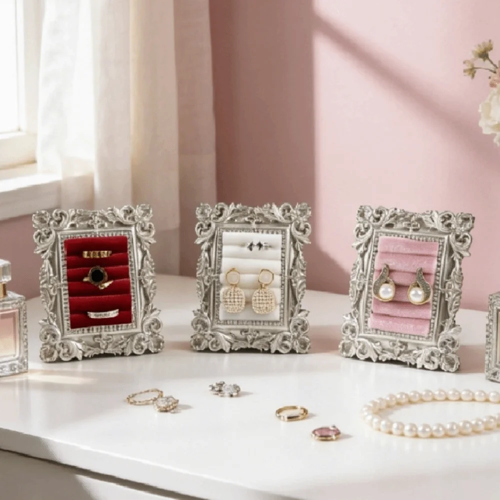 Mini Ring Display Stand Baroque Design Space Saving Jewelry Storage Organizer Vintage Silver Wear-resistant Velvet Earring Tray