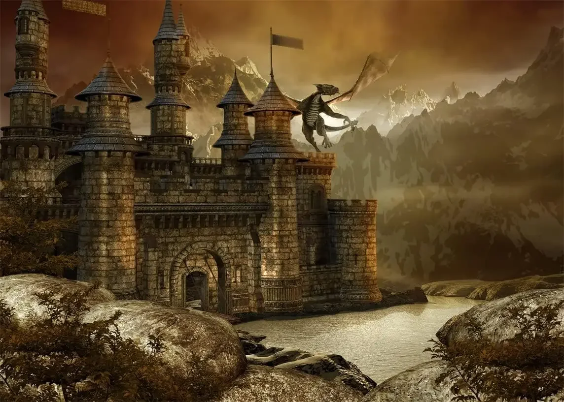 Fantasy Fairytale Castle Giant Dragon Scene Medieval Architecture party photo background photography backdrop studio