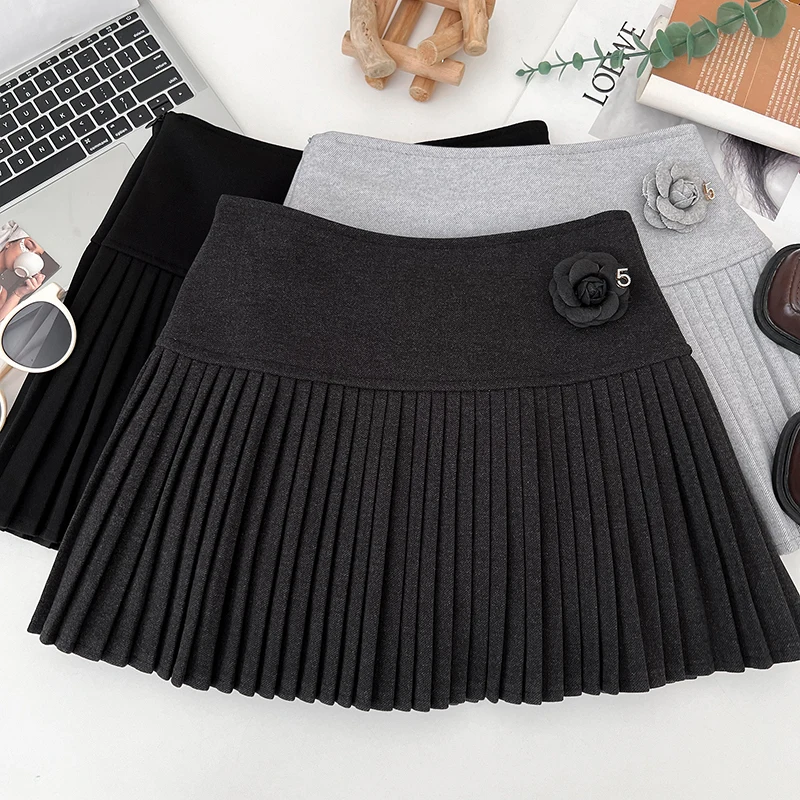 Women's Woolen Pleated Short Skirt Autumn Winter American Korea Style Cheerleading Girl Straight A-line High Waist Mini Skirt