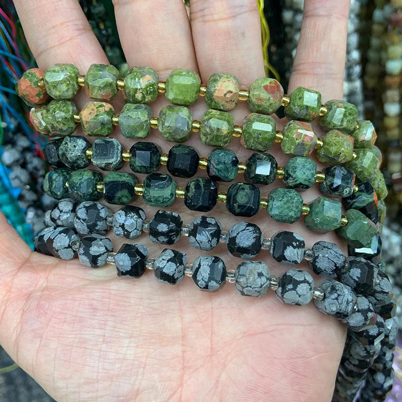 

Natural Unakite Green Eye Snownflake Jasper Stone Beads 15'' Faceted Cube DIY Beads For Jewelry Making Beads Necklace Accessory