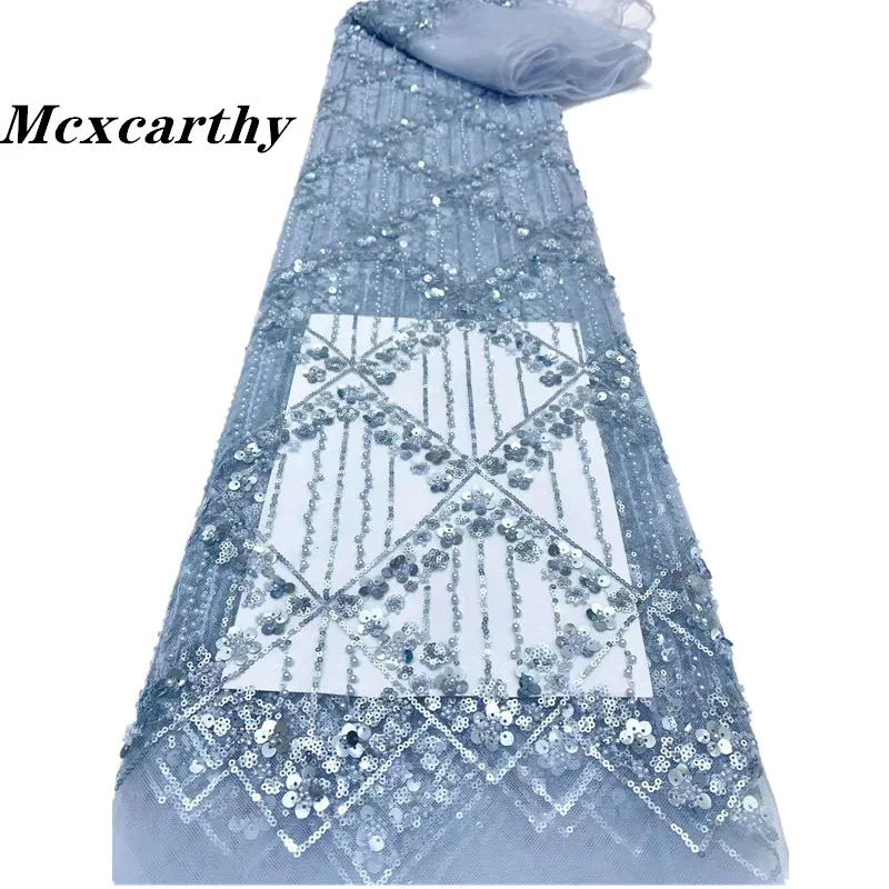 

Mccarthy High Quality Fashion French Mesh Beads Embroidery Lace Fabric African Nigerian Sequins Lace Fabric for Wedding Dress