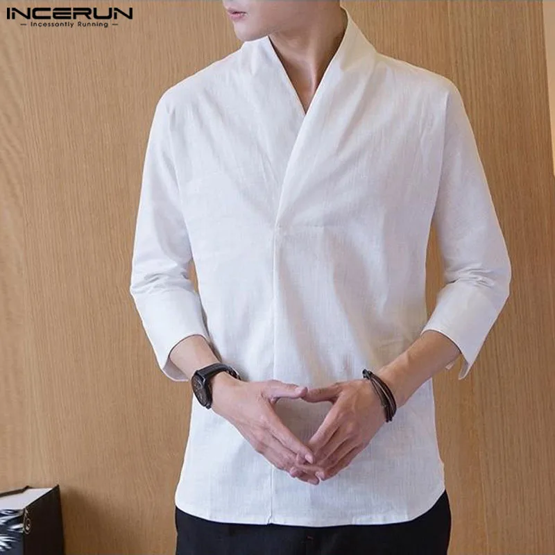 2024 Men Shirt Cotton Solid Color V Neck 3/4 Sleeve Harajuku Casual Men Clothing Streetwear Vintage Leisure Shirts S-5XL INCERUN