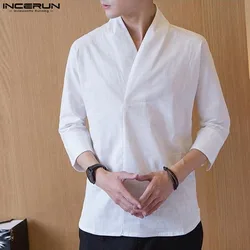 2024 Men Shirt Cotton Solid Color V Neck 3/4 Sleeve Harajuku Casual Men Clothing Streetwear Vintage Leisure Shirts S-5XL INCERUN