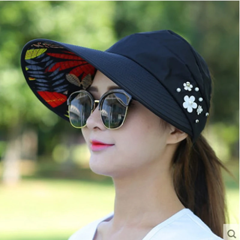 Summer Women Wide Brim Empty Top Hats Flower Pearls Floppy Foldable Sun Protection Hats Outdoor Beach Tour Visor Baseball Cap