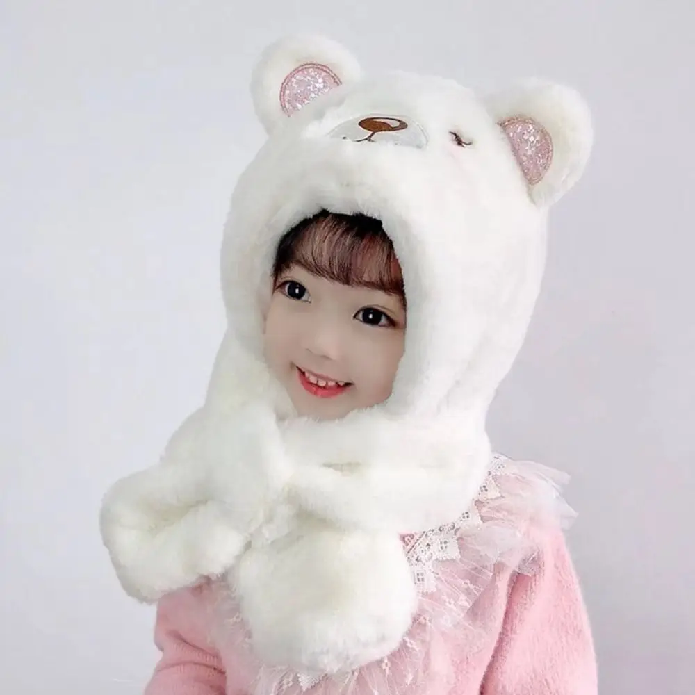 

Cute Plush Winter Hat Warm Windproof Beanie Hat Scarf Casual Thickening Scarf Hat Integrated Boys Girls 3-5 years old