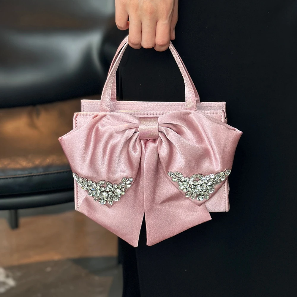 

Elegant Knot Diamonds Box Bags for Women Handbag Satin Evening Bag Crystal Rhinestone Party Wedding Clutch Ladies Shoulder Bag