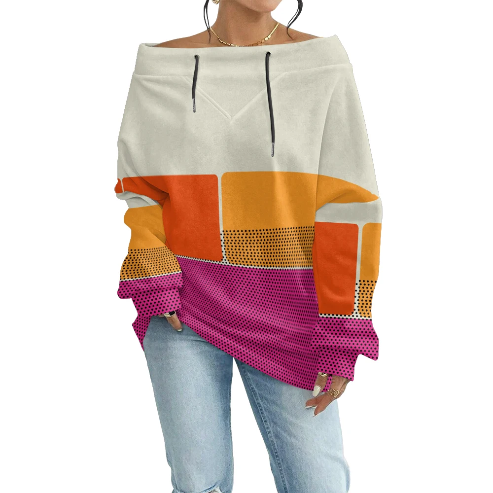 Women Off-Shoulder Geometric Stripe Printed Sweatshirt with Artistic Abstract Color Block Unique Artistic Korean Streetwear Top