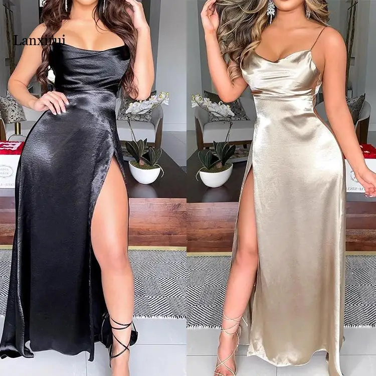 

Women Dresses Suspenders Backless Sexy Clubwear High Side Split Zipper Bodycon Dress Patchwork Soild Midi Robe Hot 2021