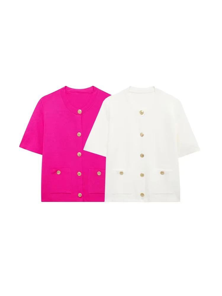 

GELITAYIN TRZA-Women's Front Patch Pockets Cardigan With Buttons, Knit Sweater, O Neck, Short Sleeve, Female Outerwear, Chic Top