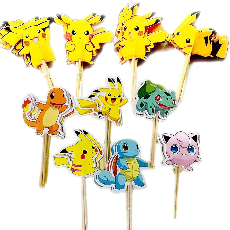 1Set Pokemon Cake Flag Cute Anime Character Pikachu Charmander Squirtle Flag Children\'s Birthday Party Dessert Decoration Toy