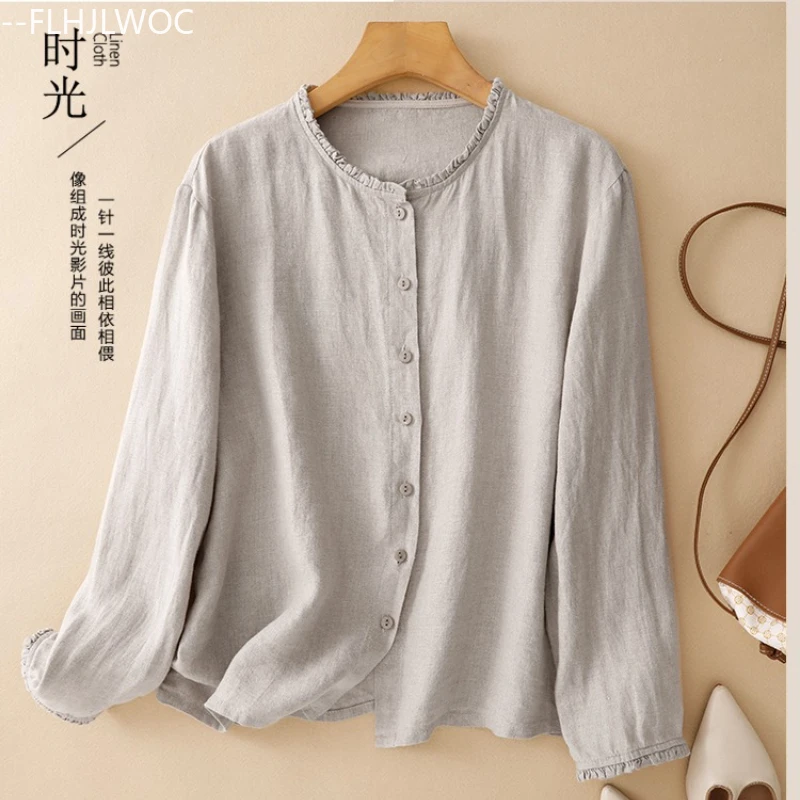 Katoen Linnen Tops Blouses Leuke lieve meisjes Vrouw Lange mouw Japanse stijl Effen ruches Retro Vintage Basics Katoenen shirts