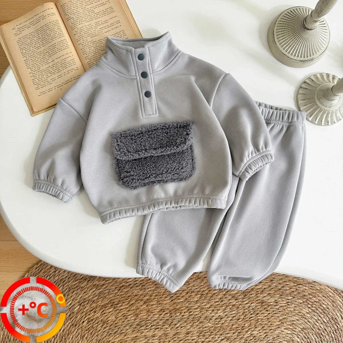 

Осенне-зимний термокостюм, комплекты для маленьких мальчиков, плюшевый свитшот с длинными рукавами и пуговицами, однотонные штаны, повседневная детская одежда