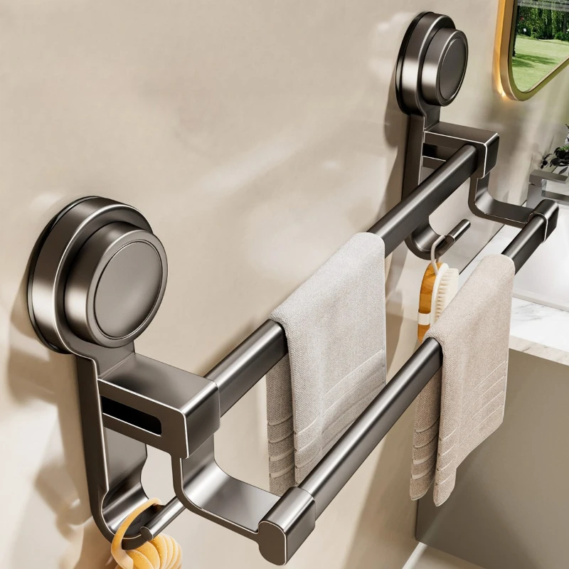 Bathroom Towel Holder without Drilling Hole Suction Cup Wall Mount Two Bar Hand Towel Rack Kitchen Shower Bath Room Towel Shelf