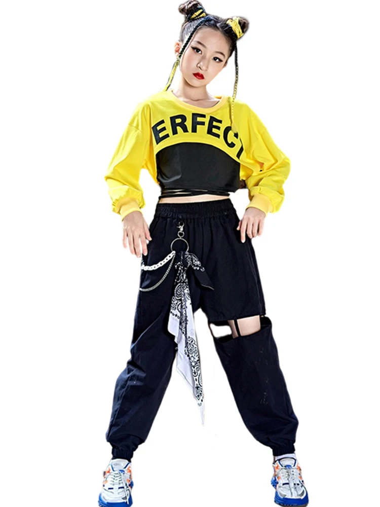 Girls Jazz Dance Costume Hip Hop Clothing Yellow Tops Black Pants Kids Modern Dance Performance Outfit Street Dance Suit BL9098