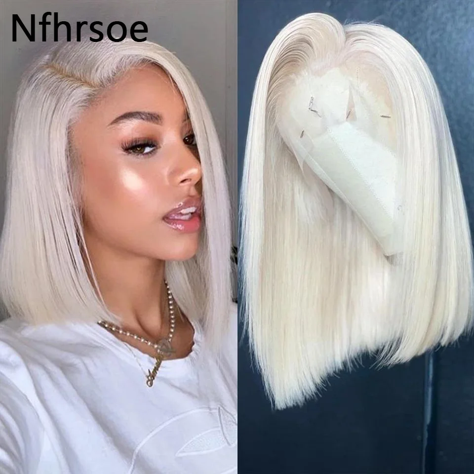 60 Белый Блондин Прямой Короткий Боб Бесклеевые Парики Человеческих Волос 180 Плотность HD Прозрачный Парик Фронта Шнурка Цветной Парик Фронта Шнурка
