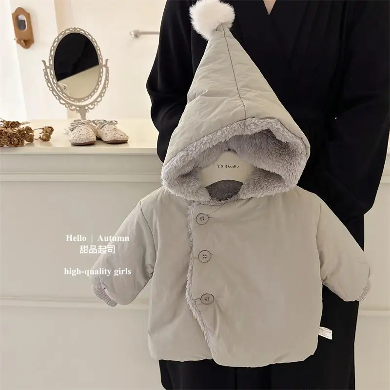 

Girls Coat 2025 Autumn and Winter New Childrens Clothing Korean Girl Baby Plus Velvet and Thick Warm Pure Color Cotton Clothes