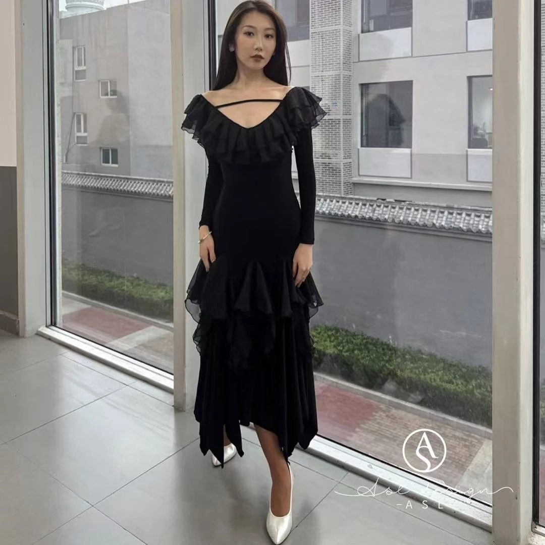 Abito da ballo da sala irregolare nero Abito da donna a maniche lunghe Abbigliamento da pratica Valzer Tango Abiti da ballo Abito da competizione BL14300