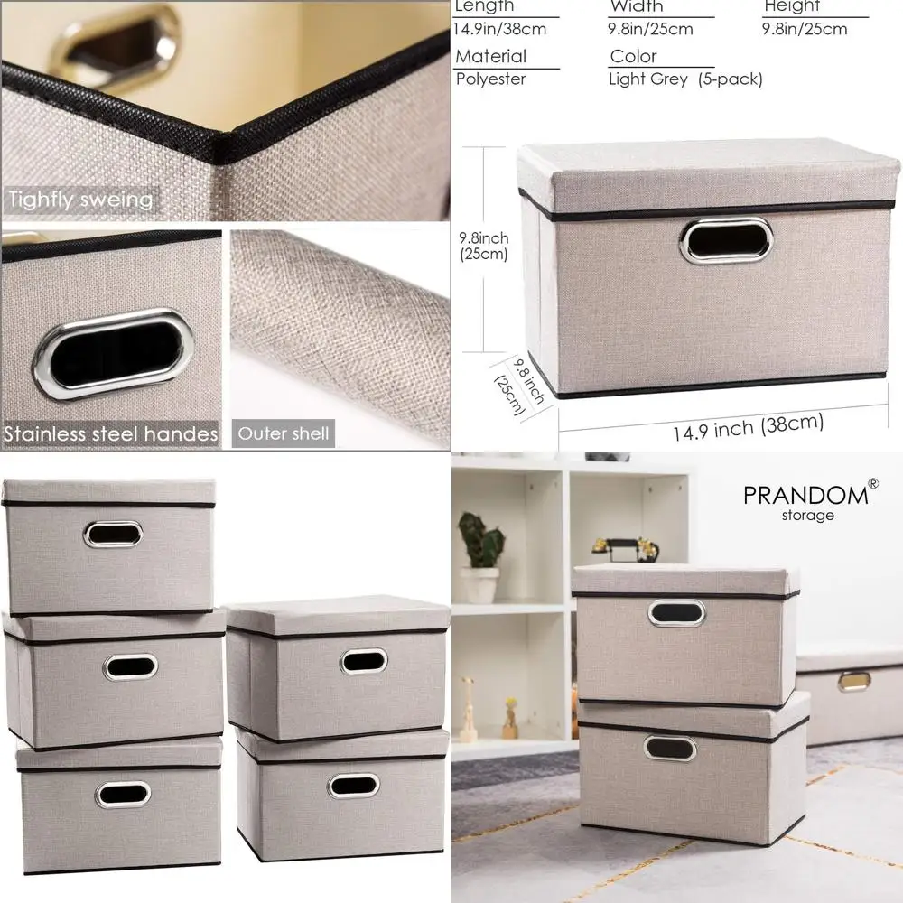

5-Piece Linen Storage Bins with Lids - Decorative Cube Organizers for Closet, Office, Living Room - Light Grey (14.9x9.8x9.8)