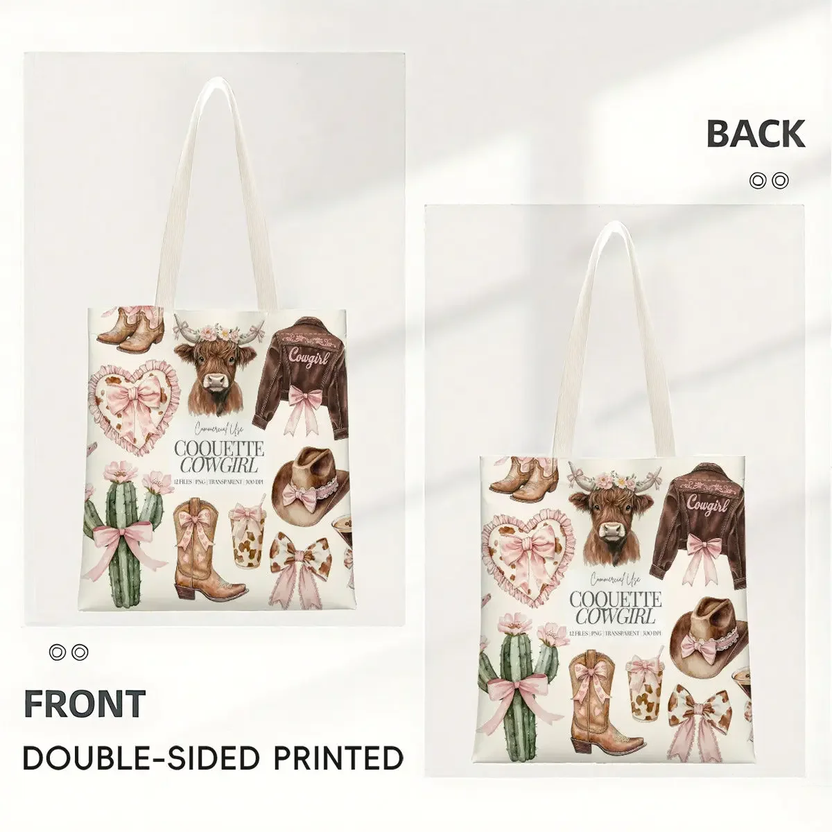 2d Flat 1pc Watercolor Cowgirl Themed Durable Tote Bag, Highland Cow, Duplex Prints Western Style Cactus Boots Hat, Ideal for Gr