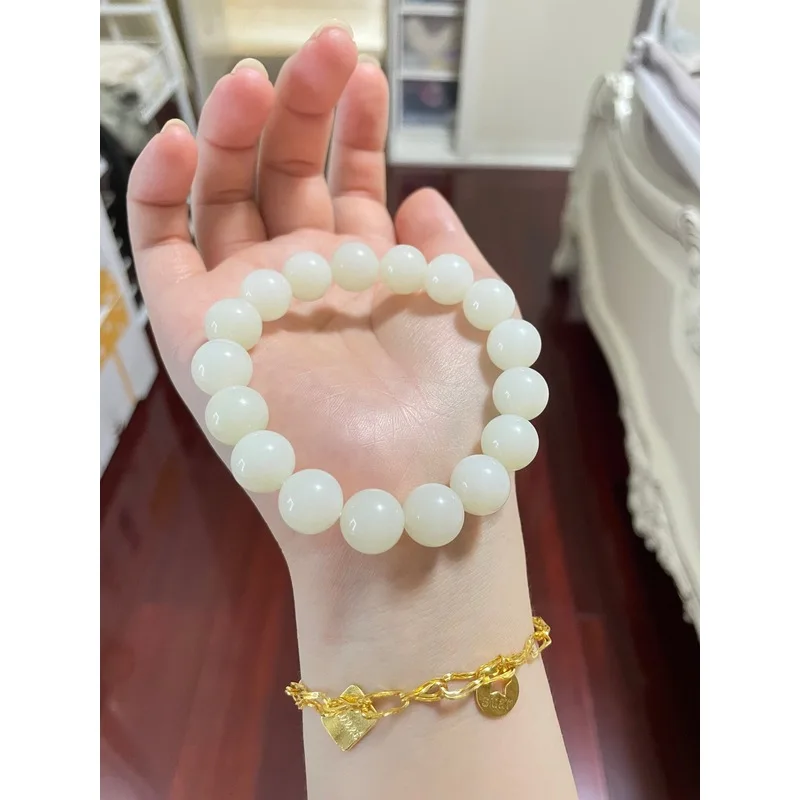 Hetian , Old-Style, Perfectly Round Beads, Single-Strand Bracelet, Featuring White , Smoky Purple, Jade, And